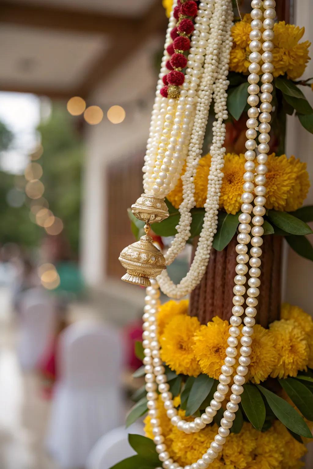 Elegant pearl accents adding sophistication to the Varalakshmi Vratam decor.