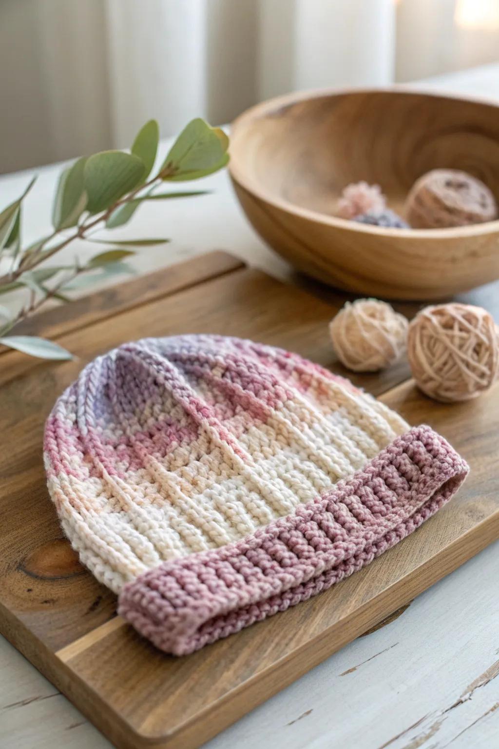 Embrace cozy elegance with this chic variegated beanie, where each stitch tells a colorful story.