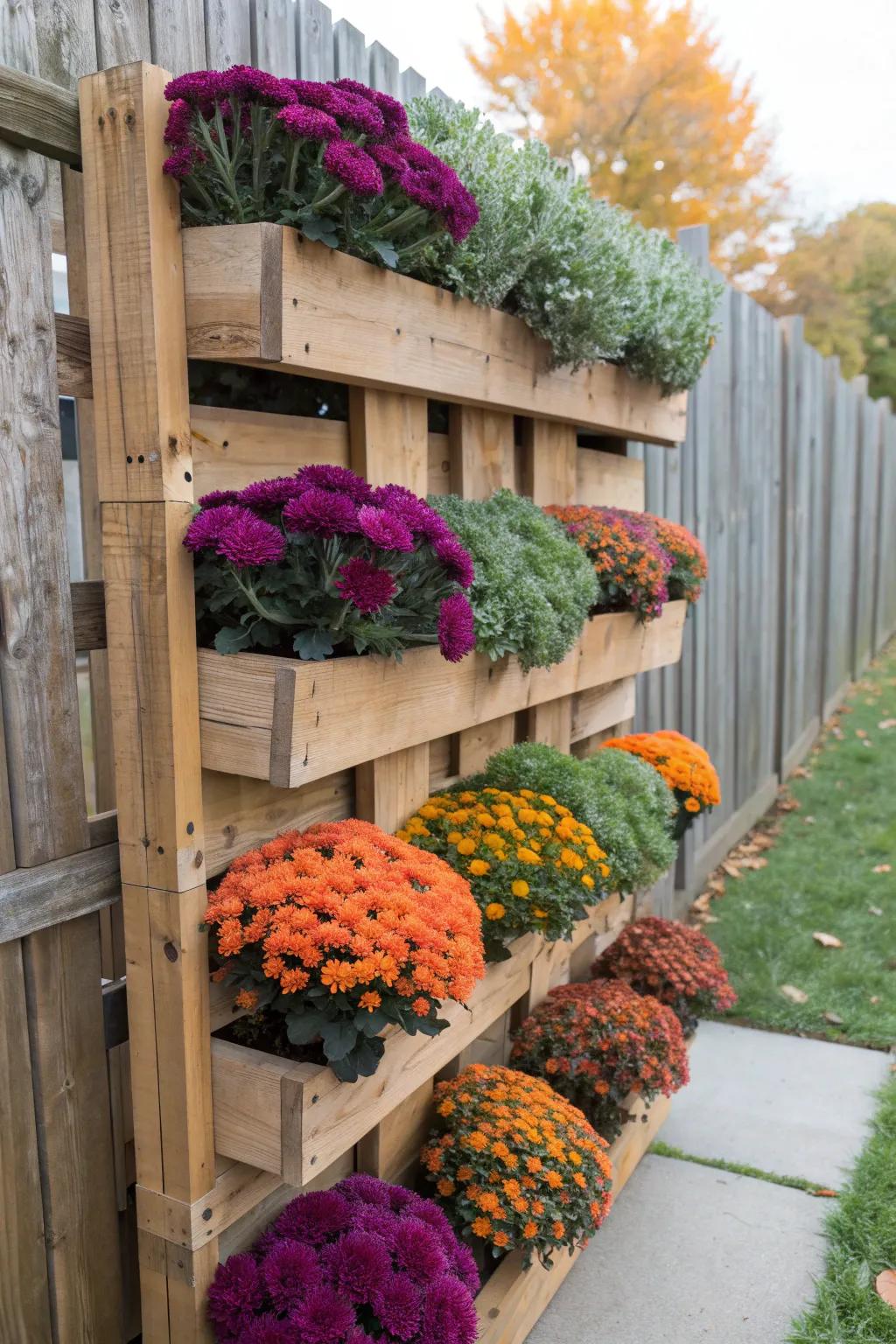 Transform your space with a seasonal vertical pallet garden—where vibrant fall colors meet craftsmanship.