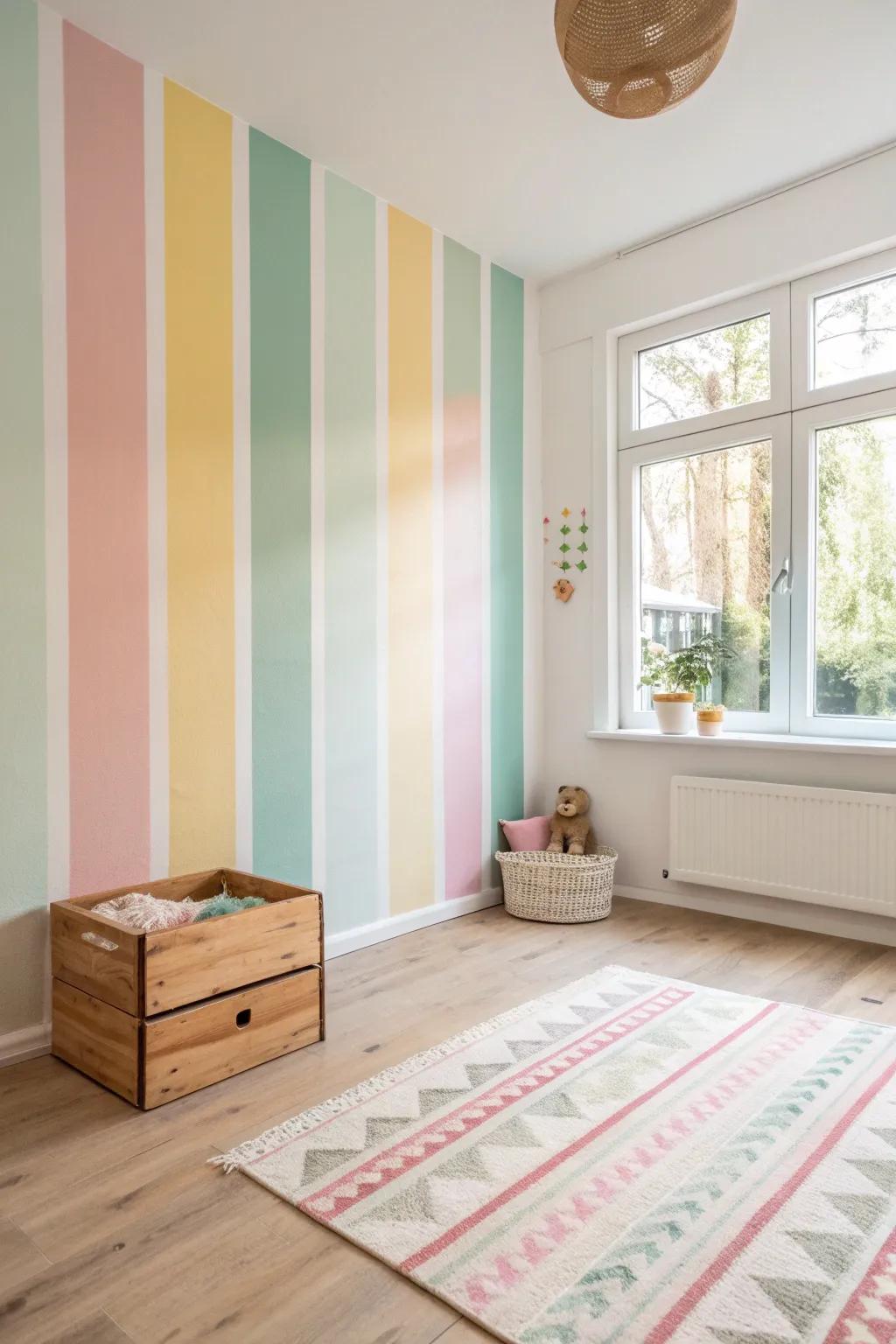 Vibrant playroom magic: Embrace joyful multicolored stripes for a lively Scandinavian-Boho charm.