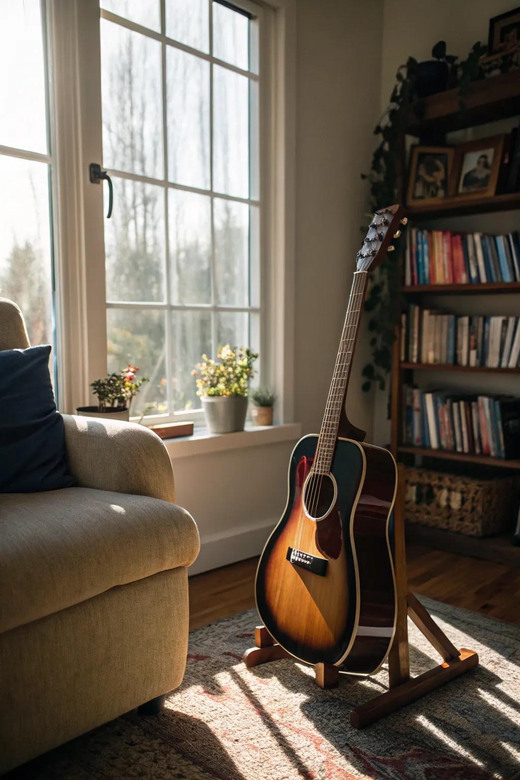 Musical instruments can enhance the room's artistic feel.