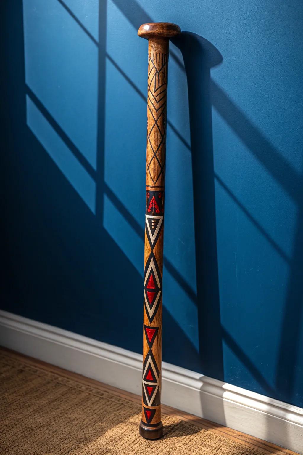 Elevate your journey with a walking stick that merges tradition and modern design through geometric carvings.