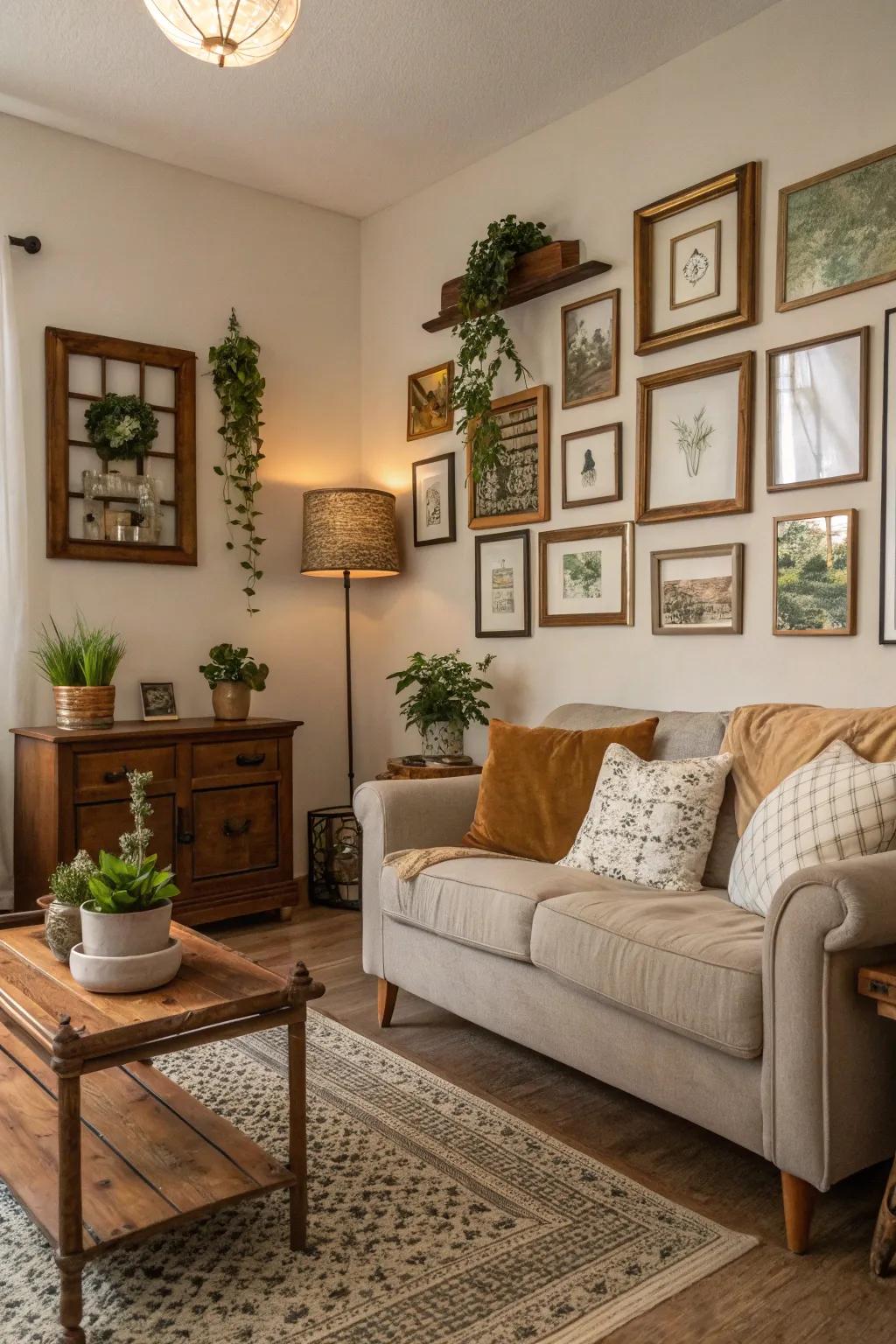 A vintage-inspired living room featuring frames turned into charming plant holders.