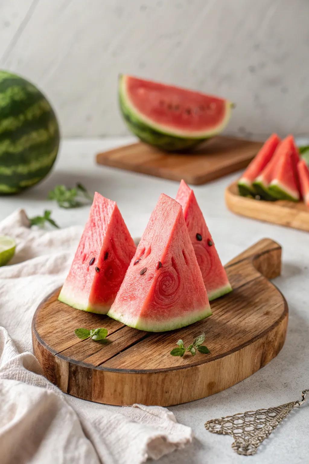 Transform your fruit platter with these artfully carved watermelon wedges for a stunning, minimalist presentation.