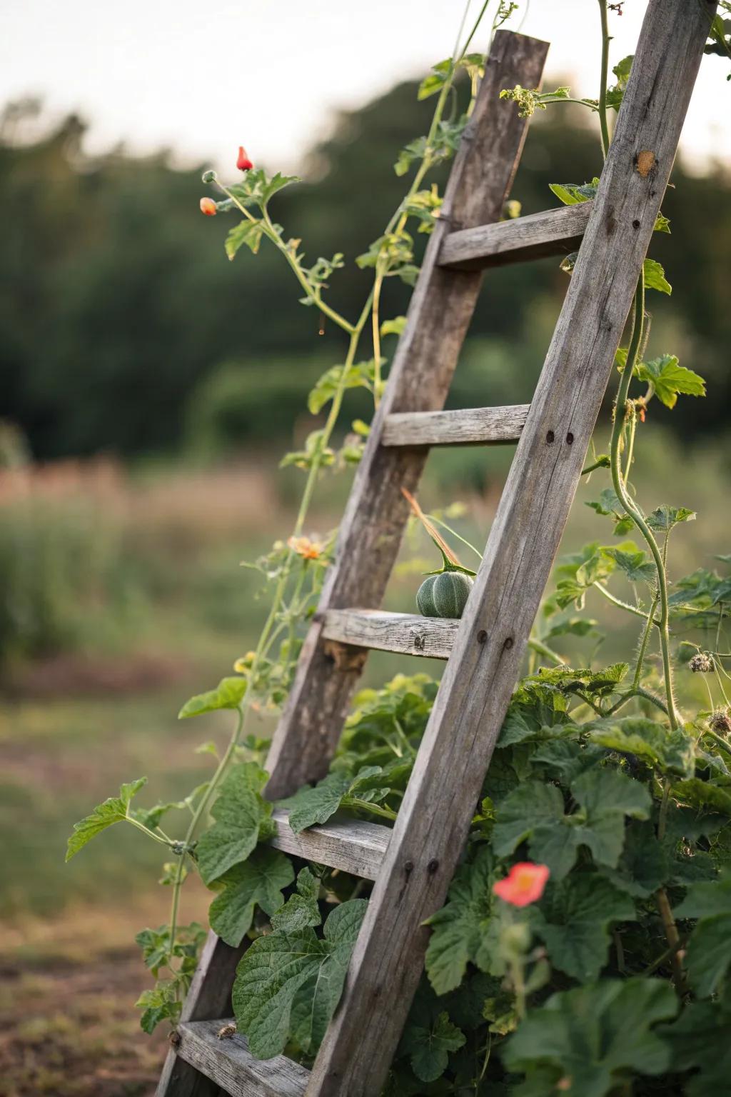 Transform your garden with a rustic ladder trellis, where beauty meets functionality. 🌿🍉 #UpcycledElegance #GardenInspiration