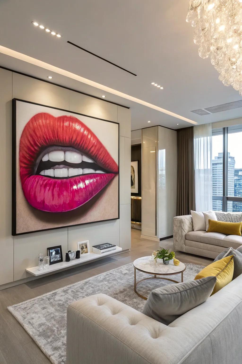 Oversized lips art adds a bold and colorful focal point to any room.
