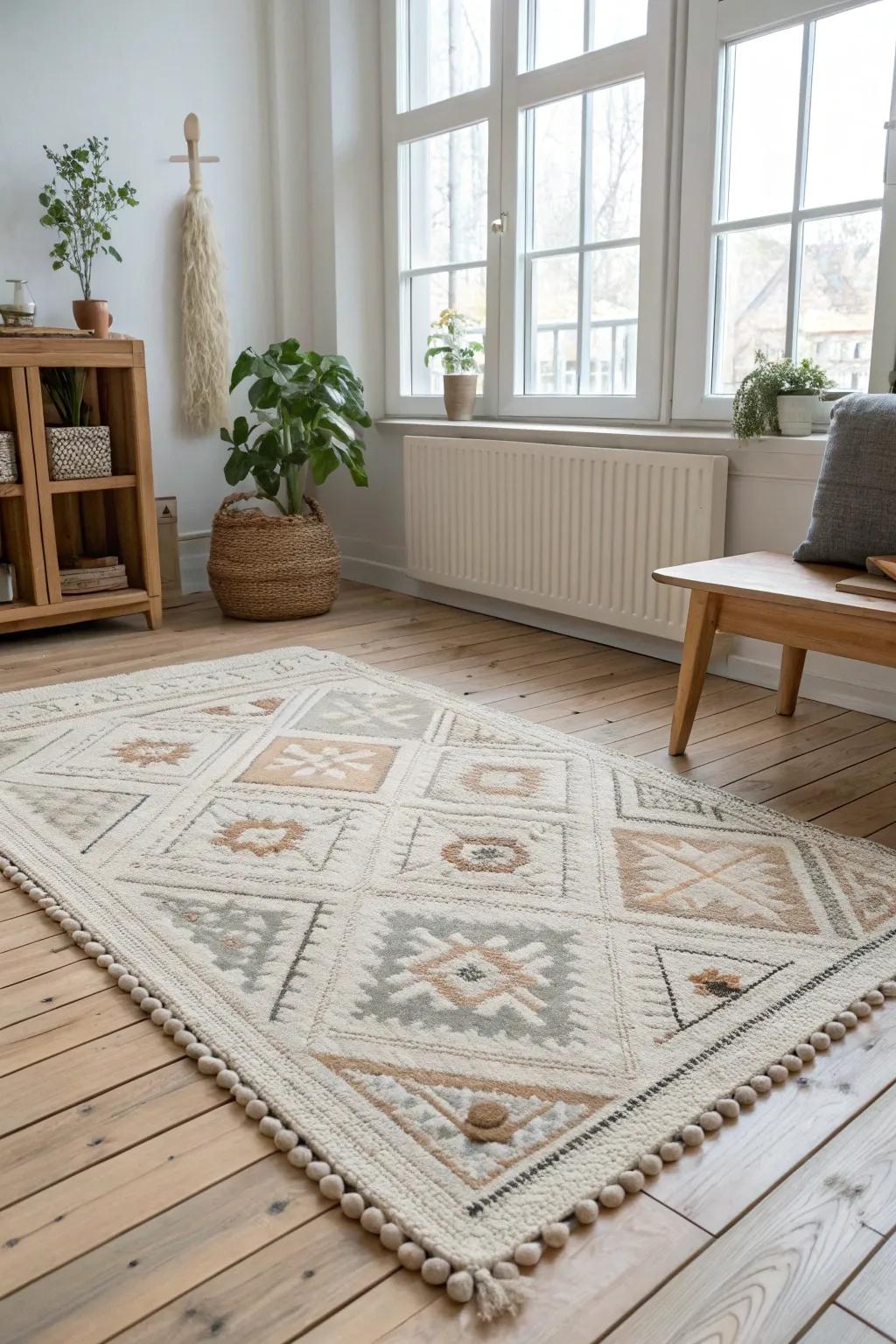 Embrace the warmth and elegance of a handcrafted felted rug, perfect for cozying up any minimalist space.