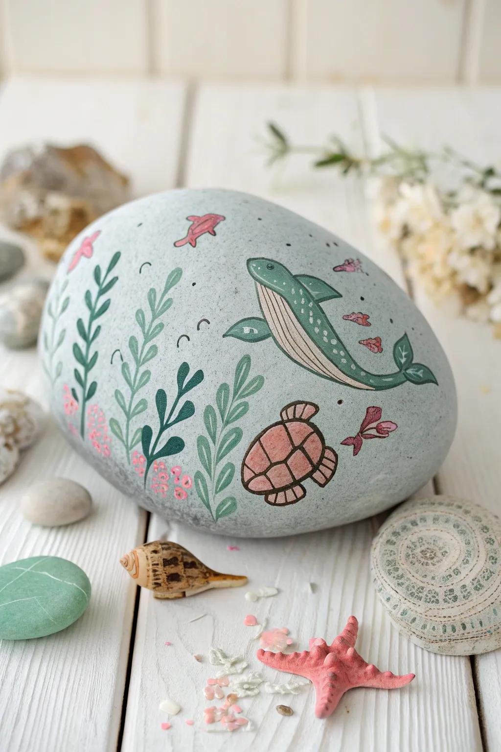 Bring the ocean to your space with this enchanting whale rock painting, where tiny sea creatures come to life.