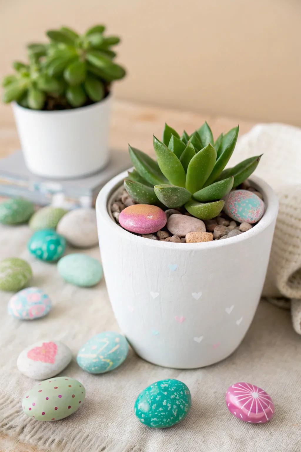 Add a splash of color to your greenery with painted rocks—a perfect blend of artistry and nature.