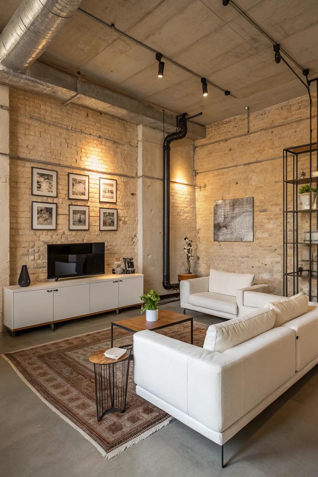 Industrial chic in a beige and white urban oasis.