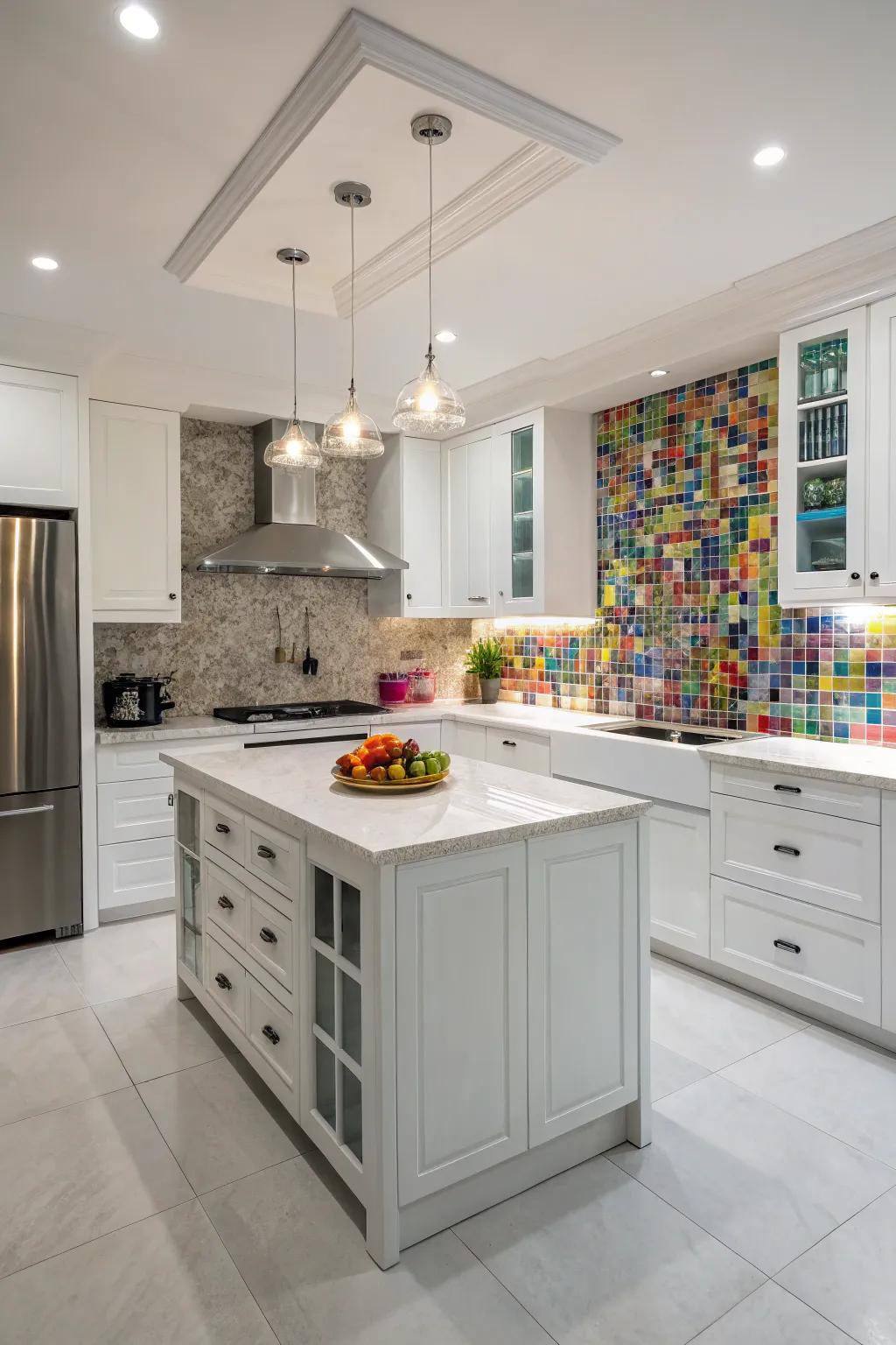 A colorful backsplash adds an unexpected twist to this white kitchen.
