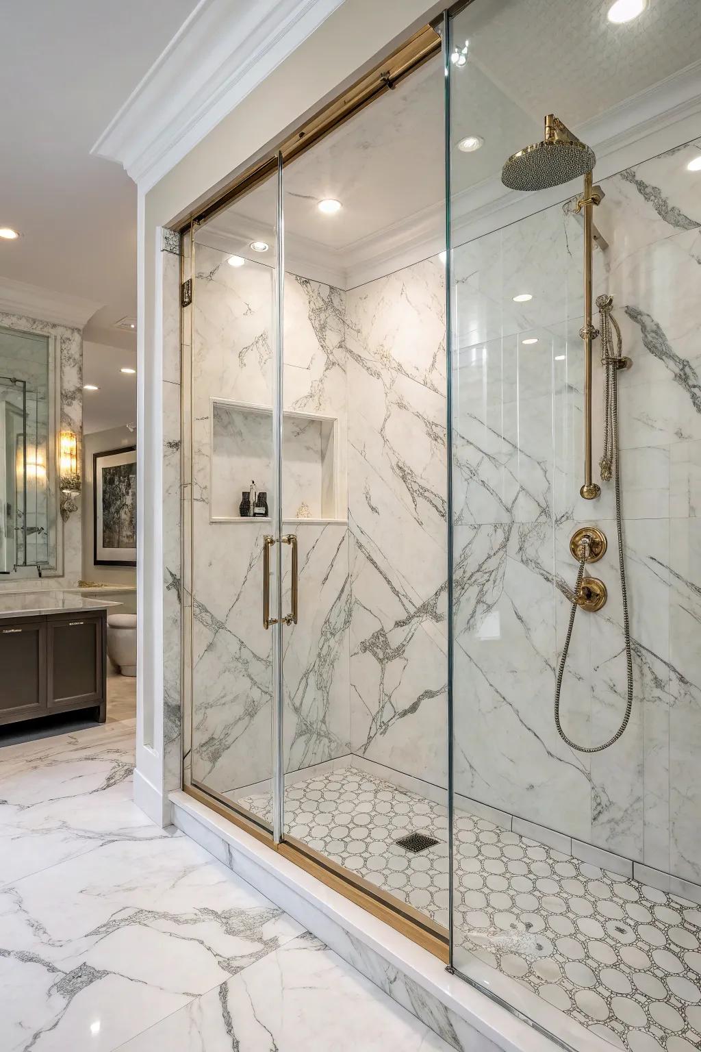 White marble tiles bring timeless elegance to the shower.