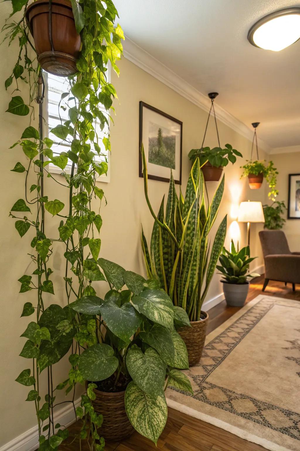 Indoor plants can thrive in low-light basements, adding a natural touch.