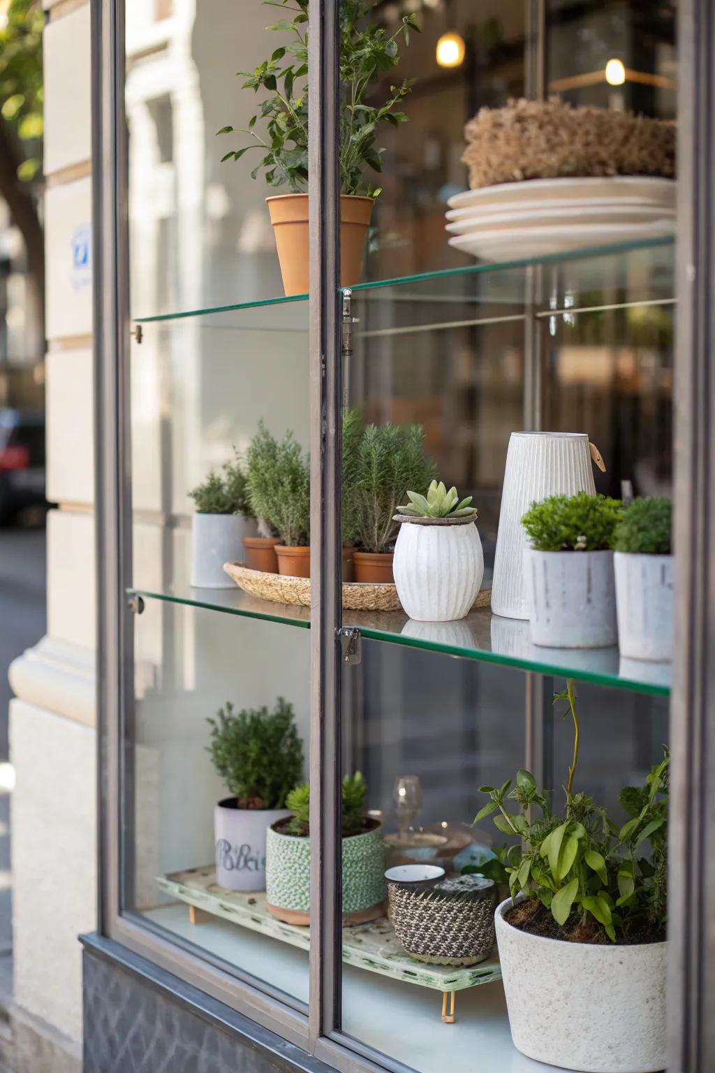 Window shelves provide a platform for decor and practicality.