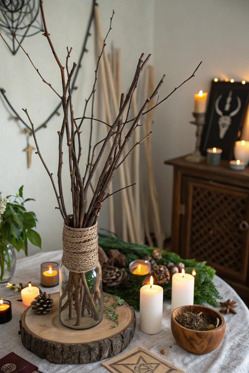 Branches creating a rustic and enchanted indoor look.