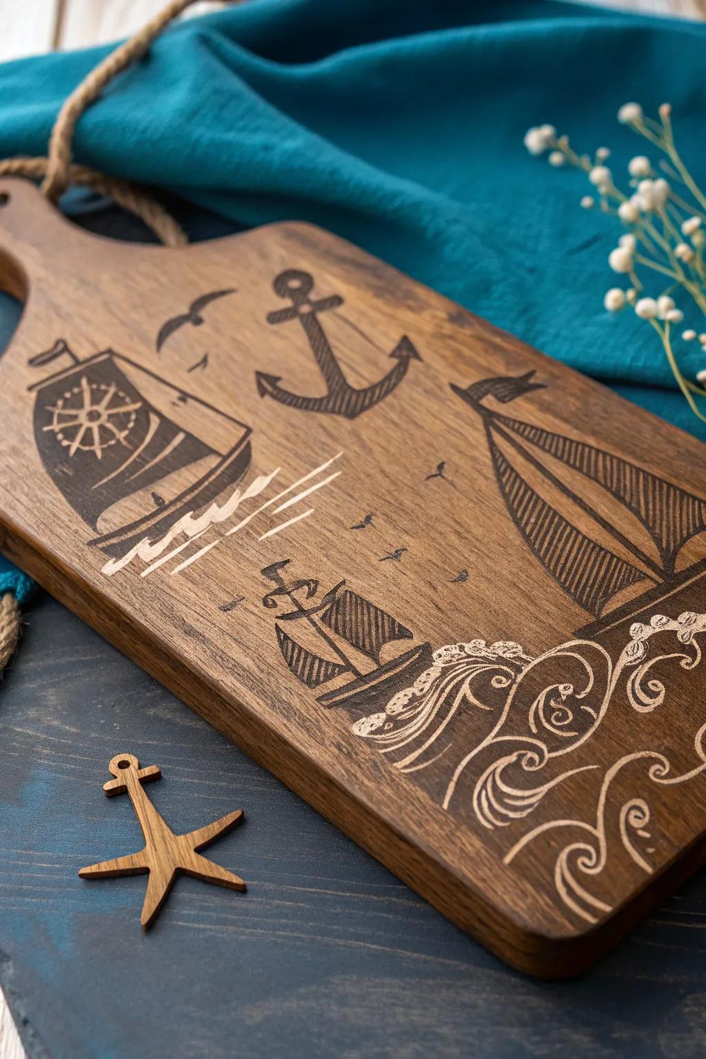 Set sail on a culinary adventure with this beautifully crafted nautical-themed charcuterie board.