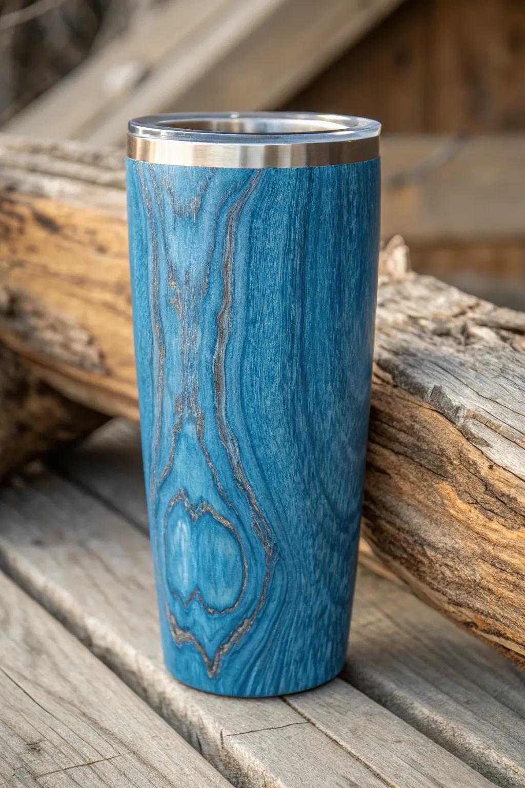 Embrace tranquility with a touch of craftsmanship: Blue wood grain tumbler.