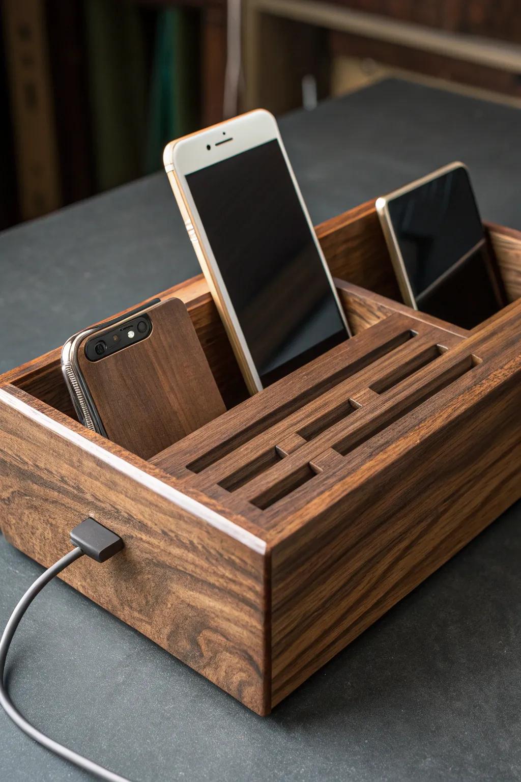Elevate your tech organization with this stunning wooden charging station, where craftsmanship meets functionality.