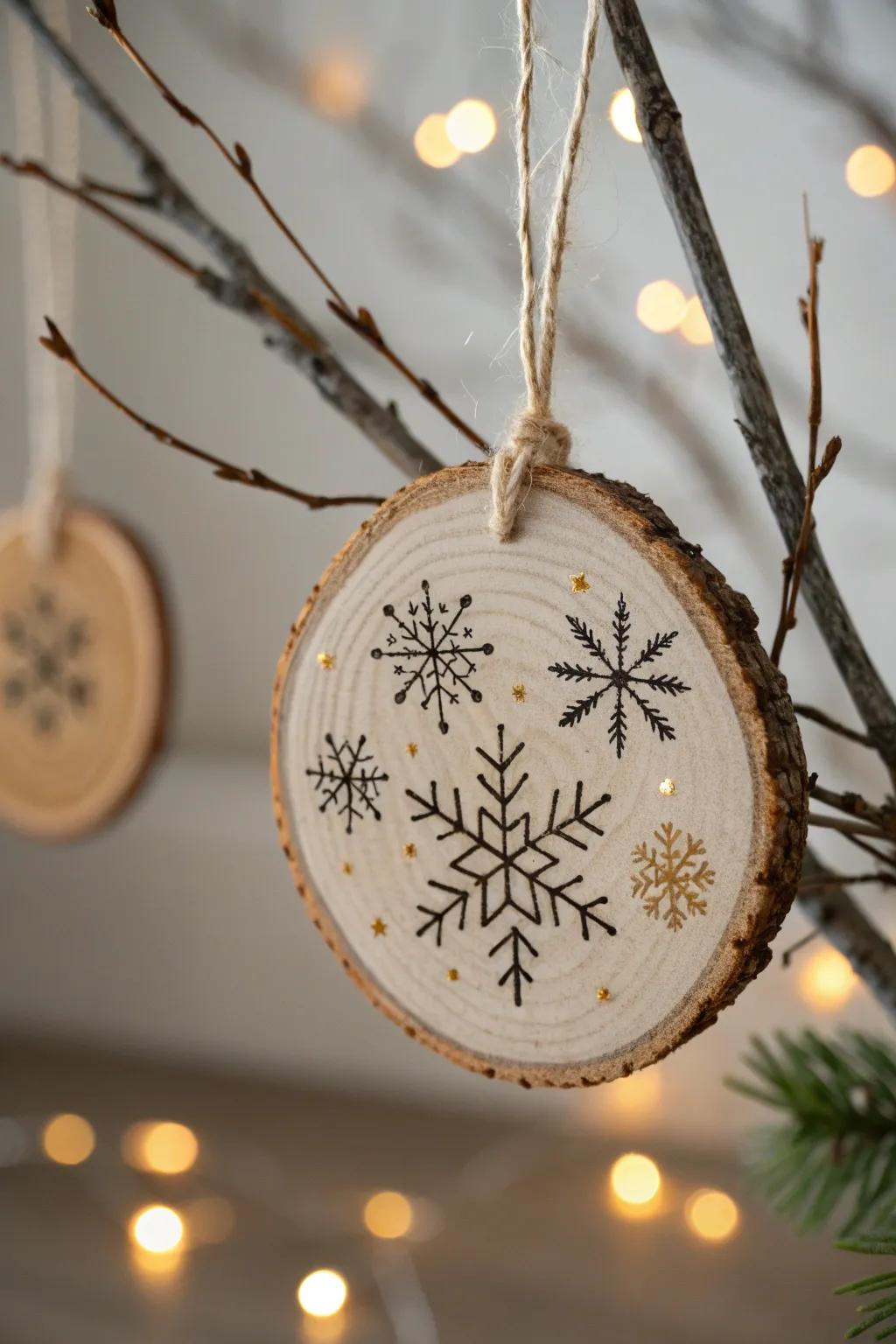 Add a touch of handcrafted elegance to your holiday decor with these charming wood slice ornaments.