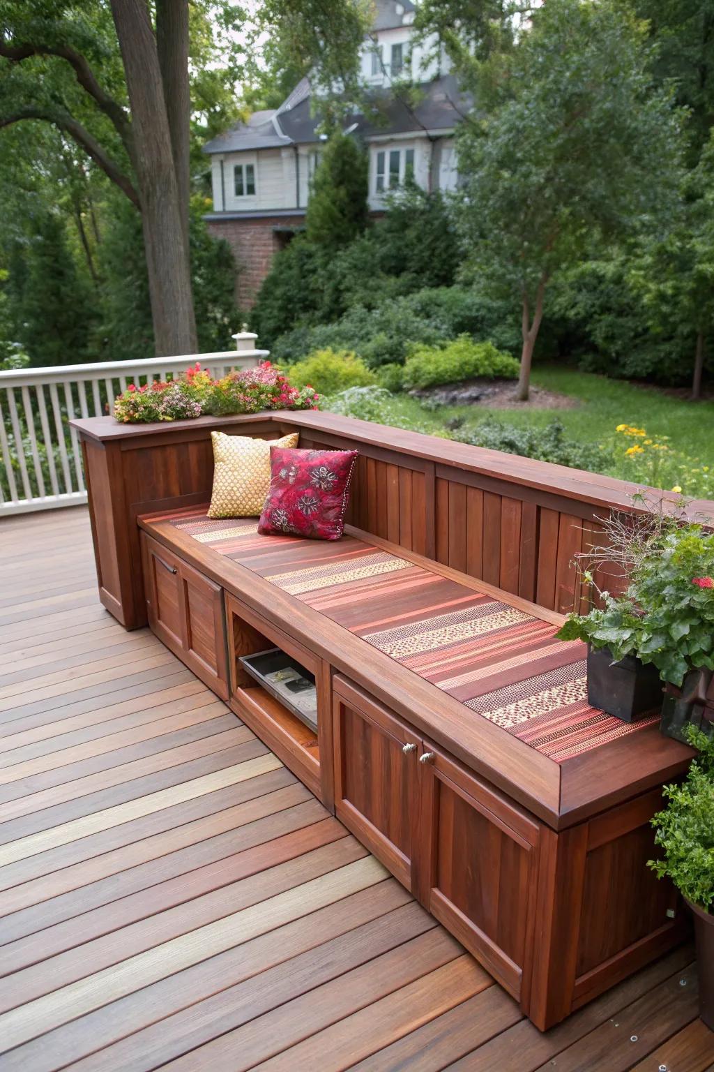 Elevate your deck with integrated seating that marries style and functionality.