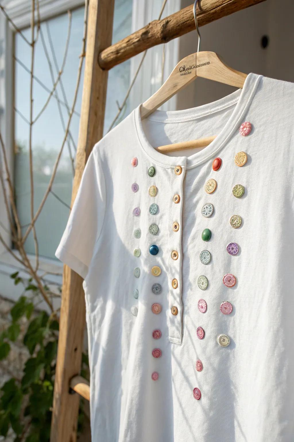Celebrate 100 days of creativity with this charming button-adorned t-shirt, a timeless keepsake of school memories.