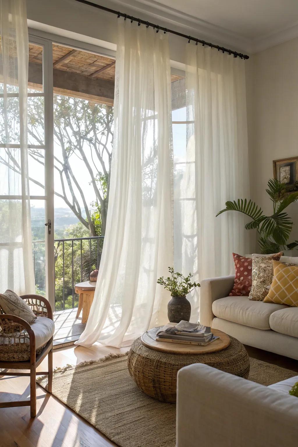 Sheer curtains create an airy and light-filled room.