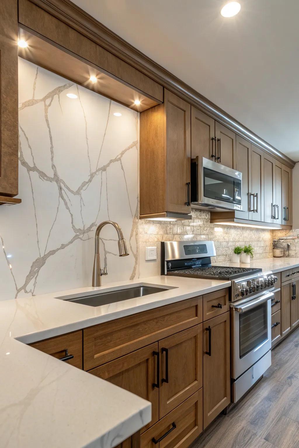 Delicate veining in the quartz adds a layer of elegance to the kitchen.