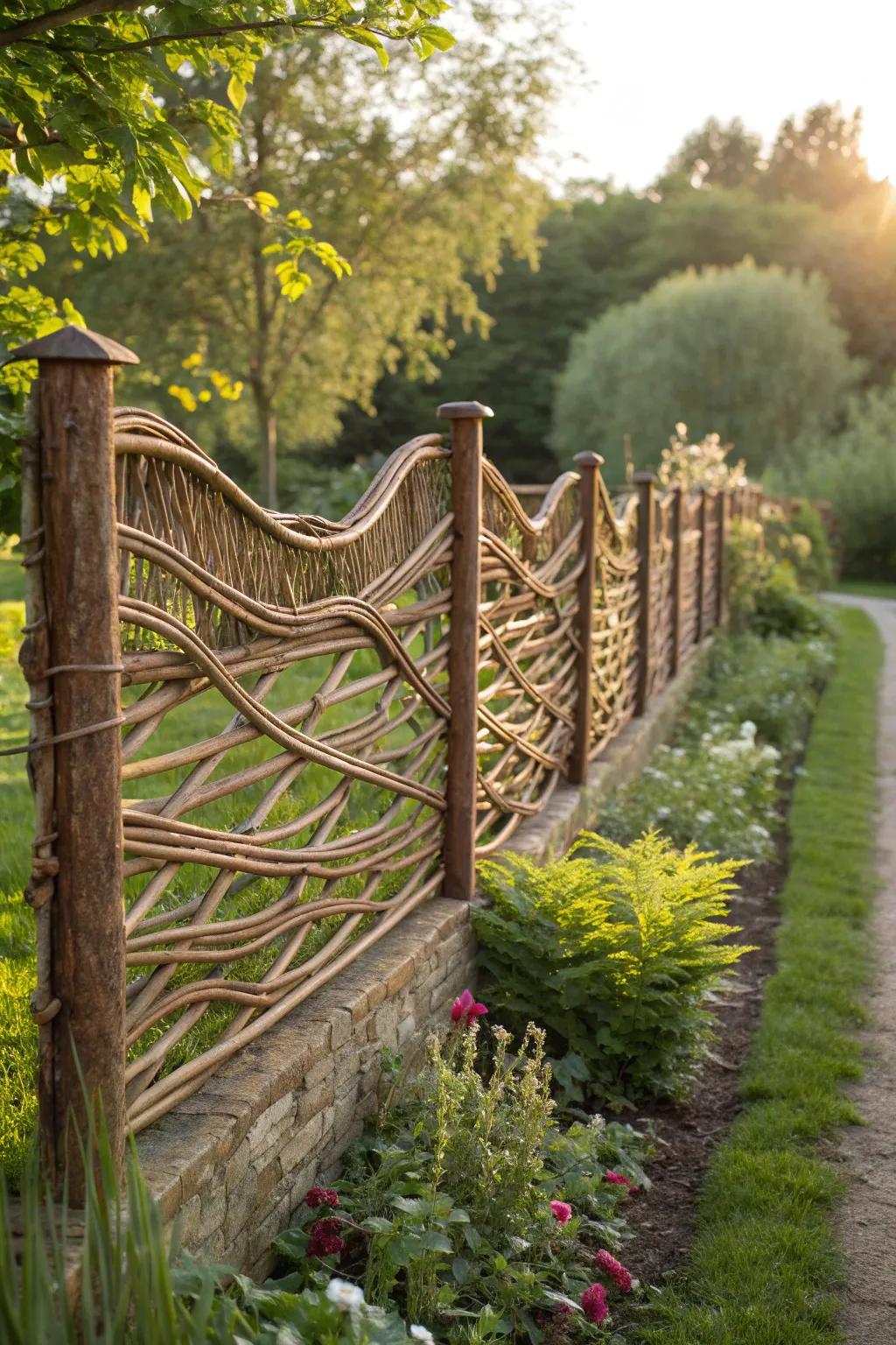 Add a touch of rustic charm with a whimsical woven willow fence.