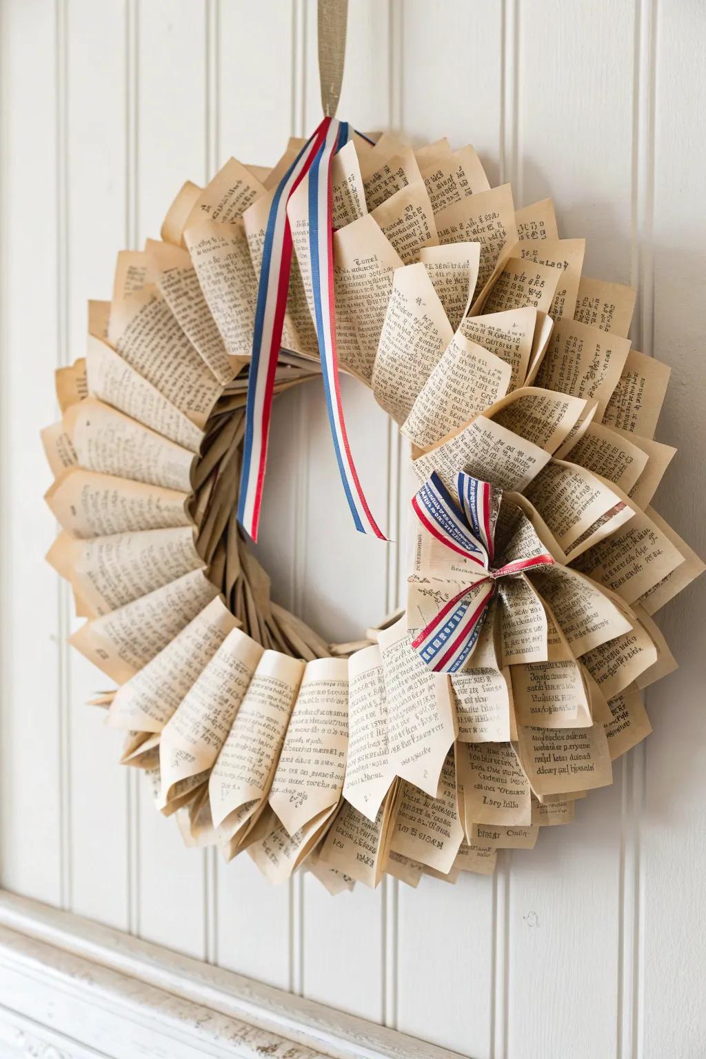 Celebrate with style: A hymnal page wreath for a touch of vintage charm this 4th of July.