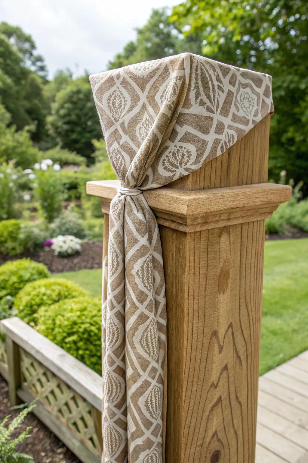 Transform your outdoor space with stylish fabric-wrapped posts for a touch of elegance throughout the seasons.