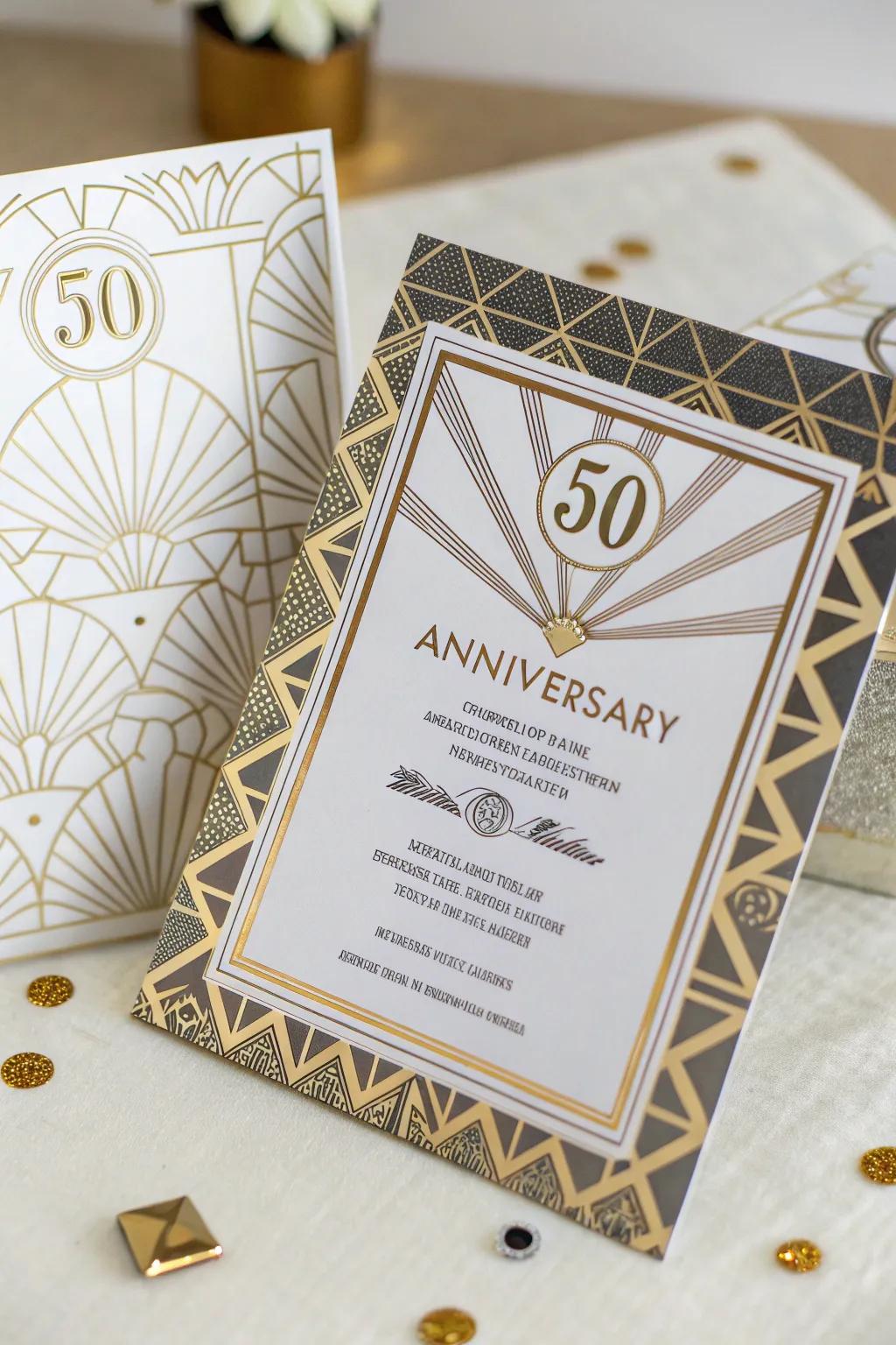 Capture vintage glamour with Art Deco inspired anniversary invitations.