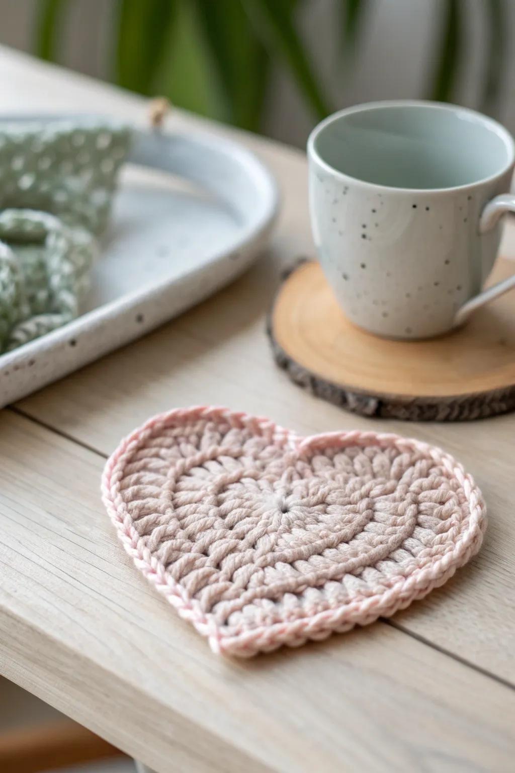 Crafted with love: Add a touch of whimsy to your coffee moments with this charming crochet heart coaster.