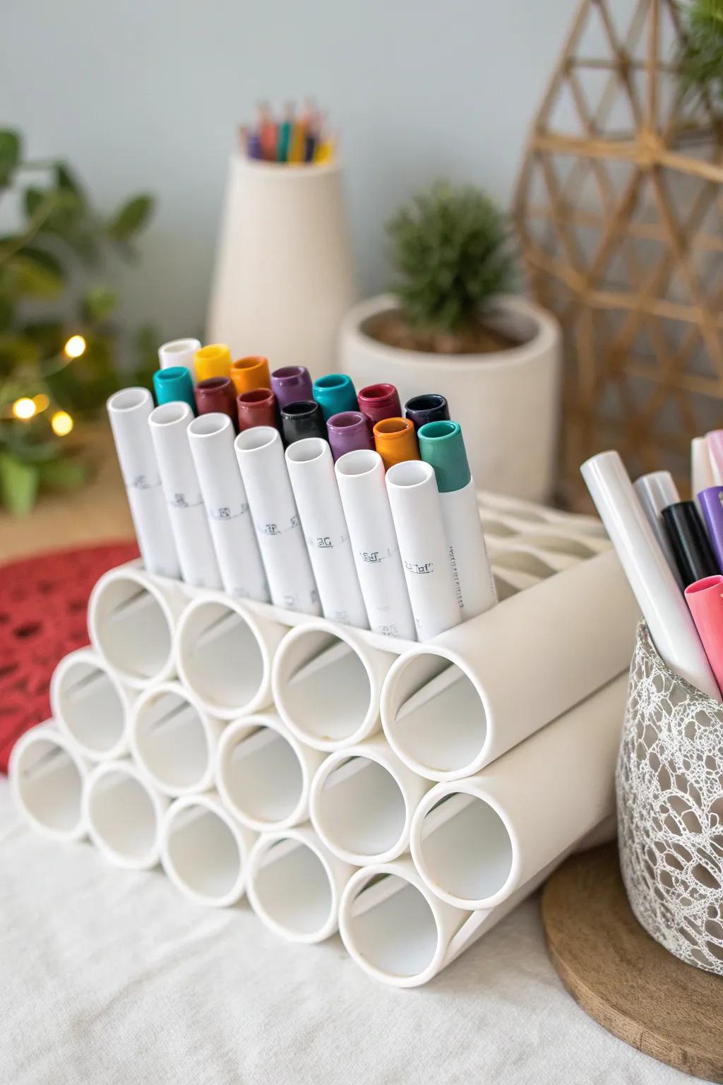 Organize your creativity with style: A minimalist PVC pipe marker holder for a touch of Scandinavian elegance.