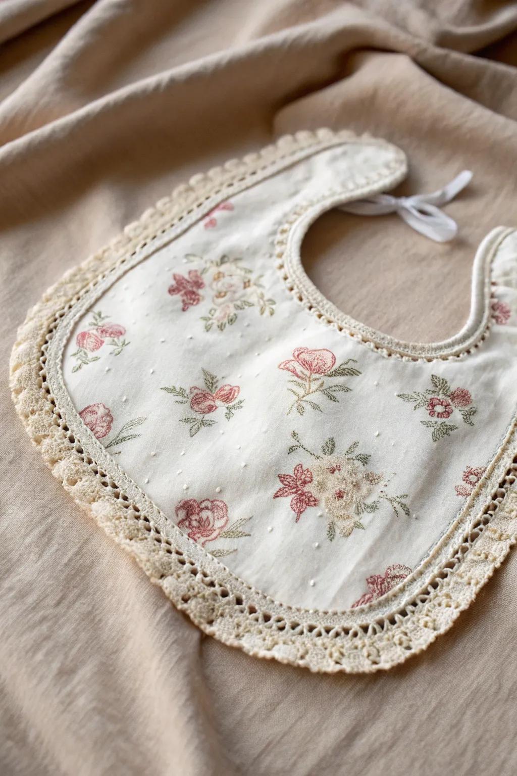Embrace timeless elegance with this beautifully crafted vintage-inspired baby bib.