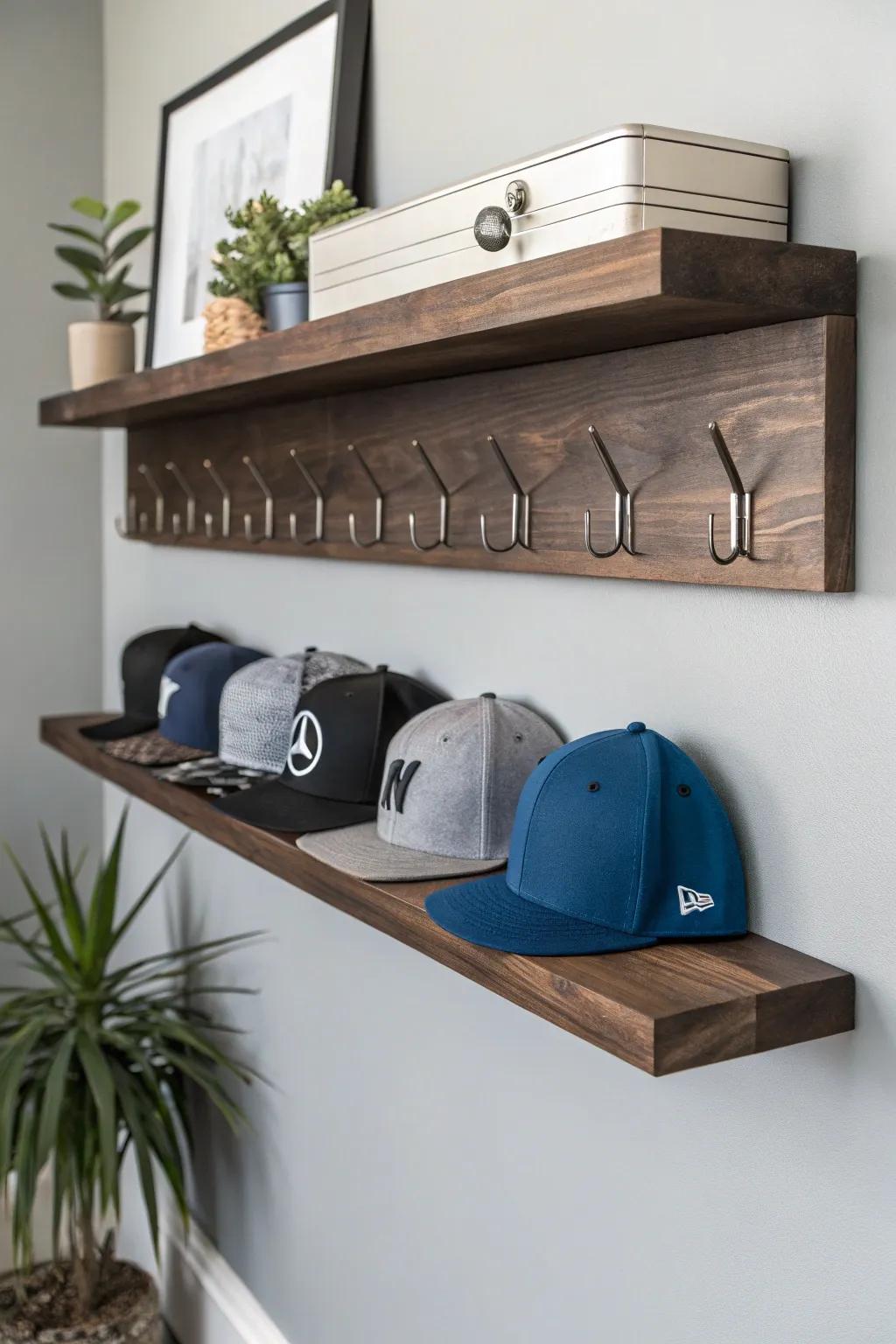 Elevate your hat game with this modern floating shelf solution.