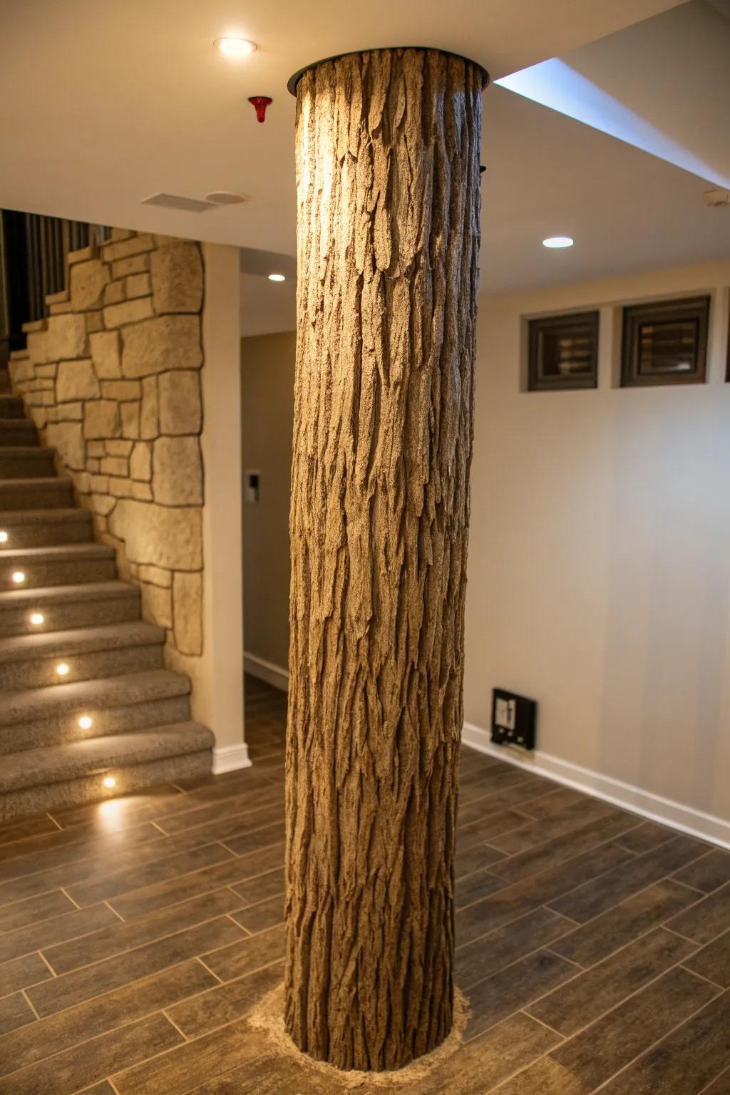 Transform your space with a touch of nature: a tree trunk-inspired pole wrap that blends rustic charm with modern style.