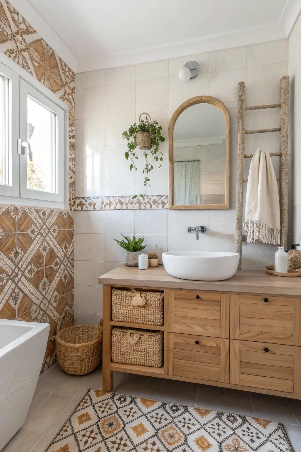 Transform your bathroom with a stunning accent wall that blends Scandinavian minimalism with Boho charm.