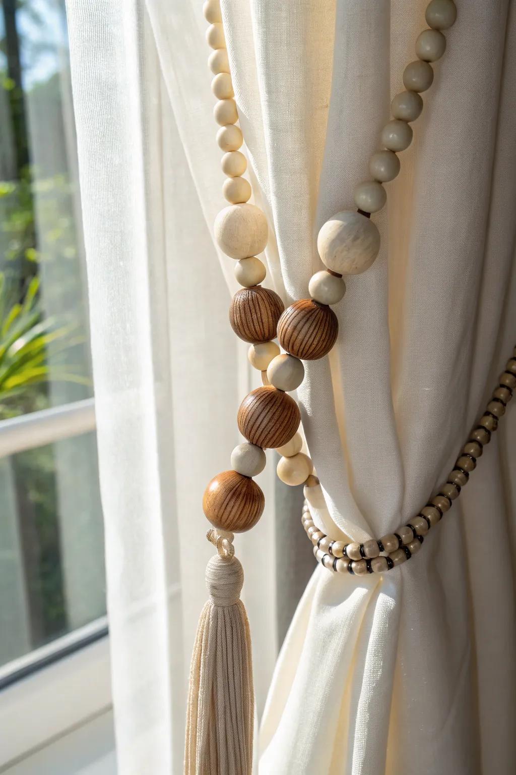 Elevate your curtains with these chic, handcrafted bead tiebacks – a simple touch of elegance for any room.