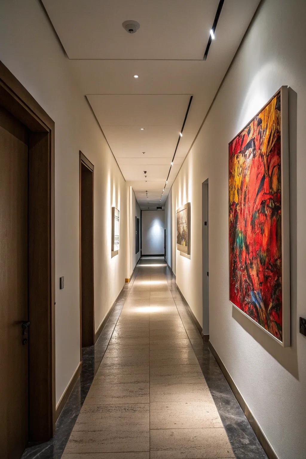 A bold art piece serves as a captivating focal point in the hallway.