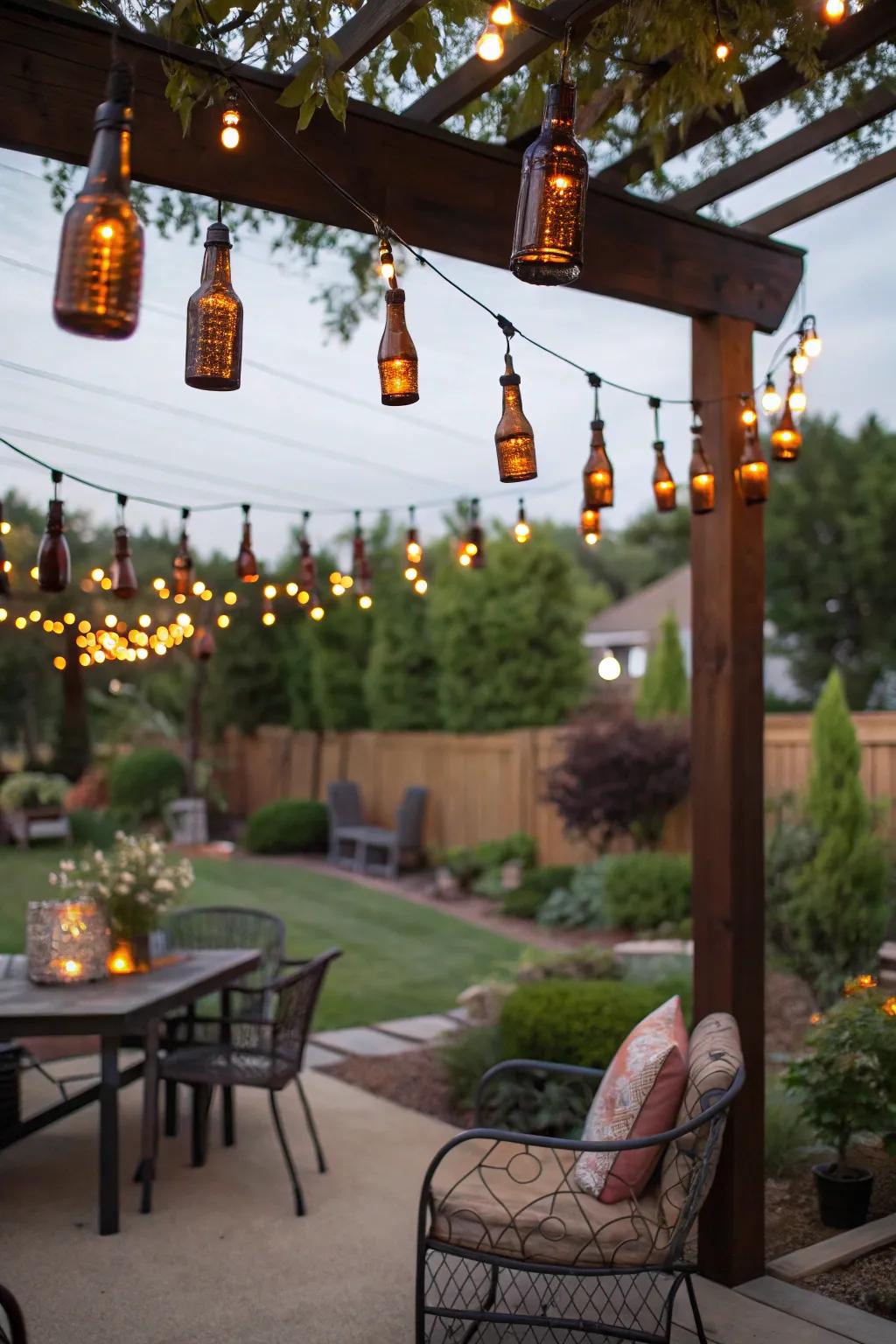 Beer bottle string lights add a magical glow.