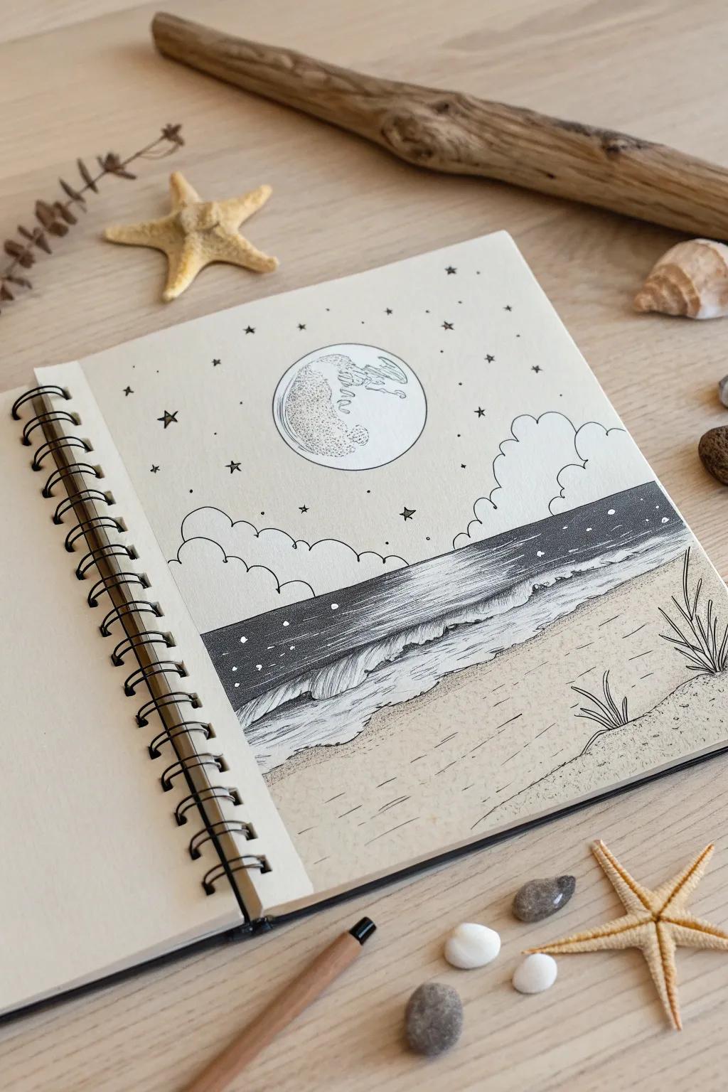 Capture your dreams on paper with a serene moonlit beach sketch.