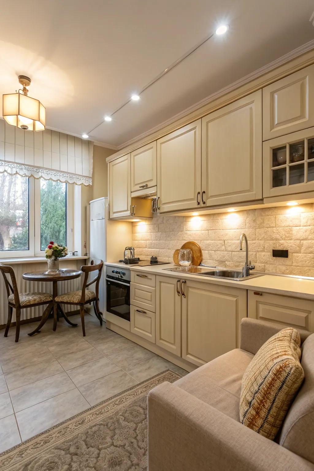 A cozy and practical kitchen with beige cabinets.