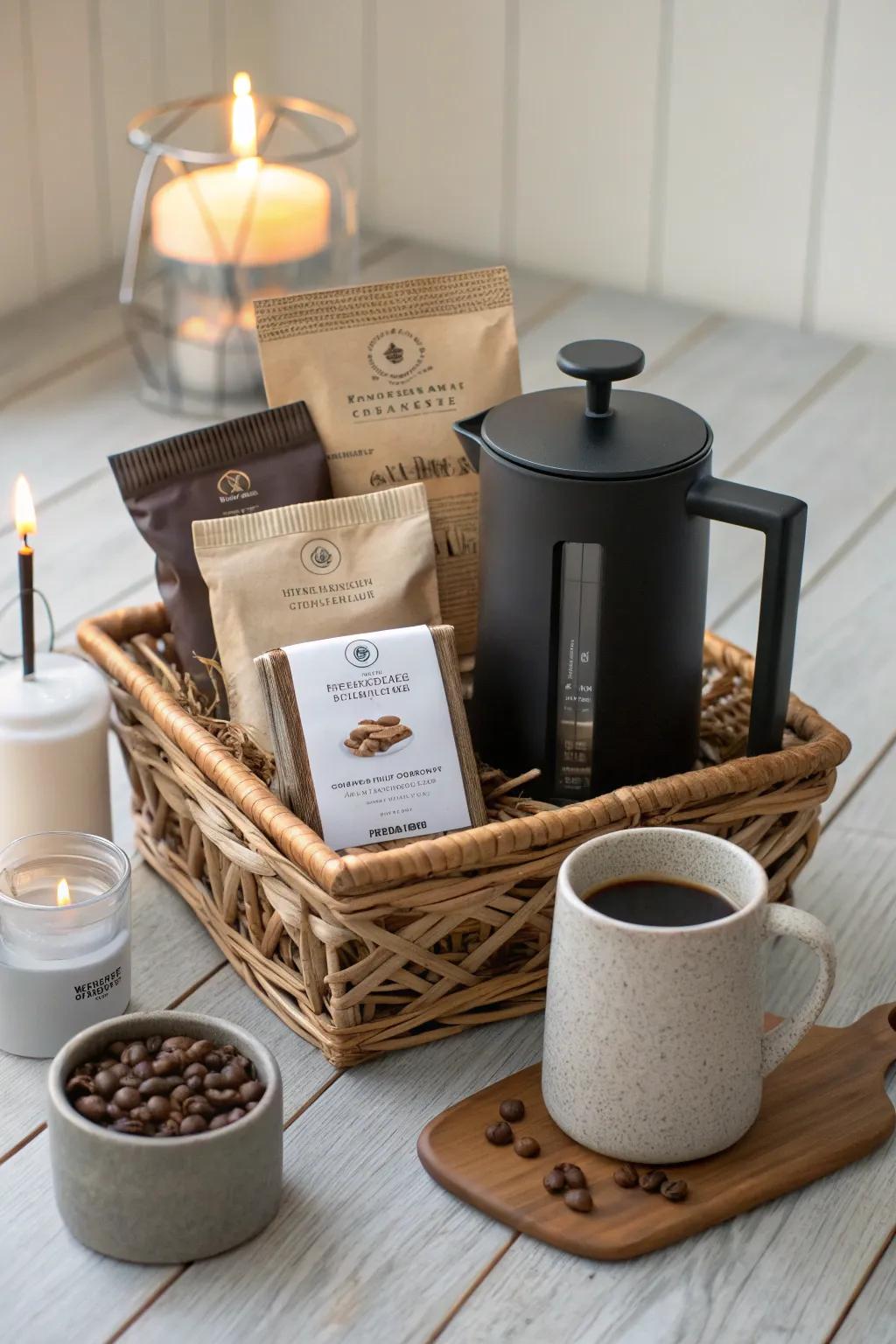 Elevate your coffee rituals with this elegantly curated birthday basket, perfect for the discerning coffee lover.