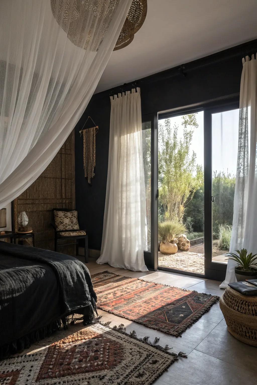 Sheer curtains soften the space with natural light.