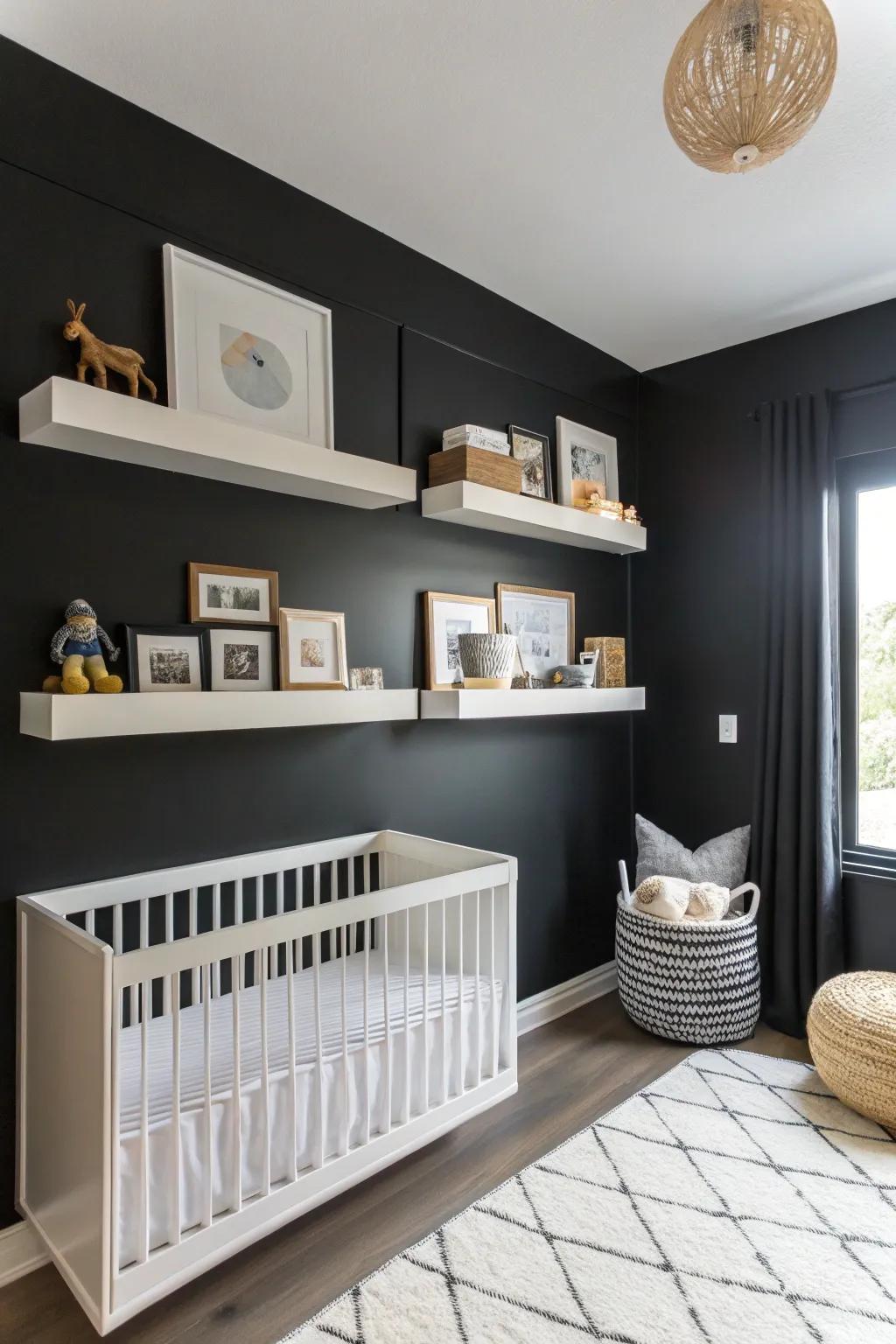 Floating shelves add functionality and style to the nursery.