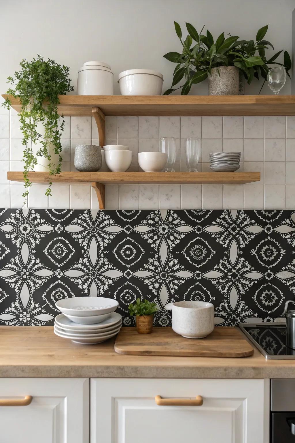 Add a touch of nostalgia to your kitchen with a vintage-patterned black backsplash, where simplicity meets elegance.