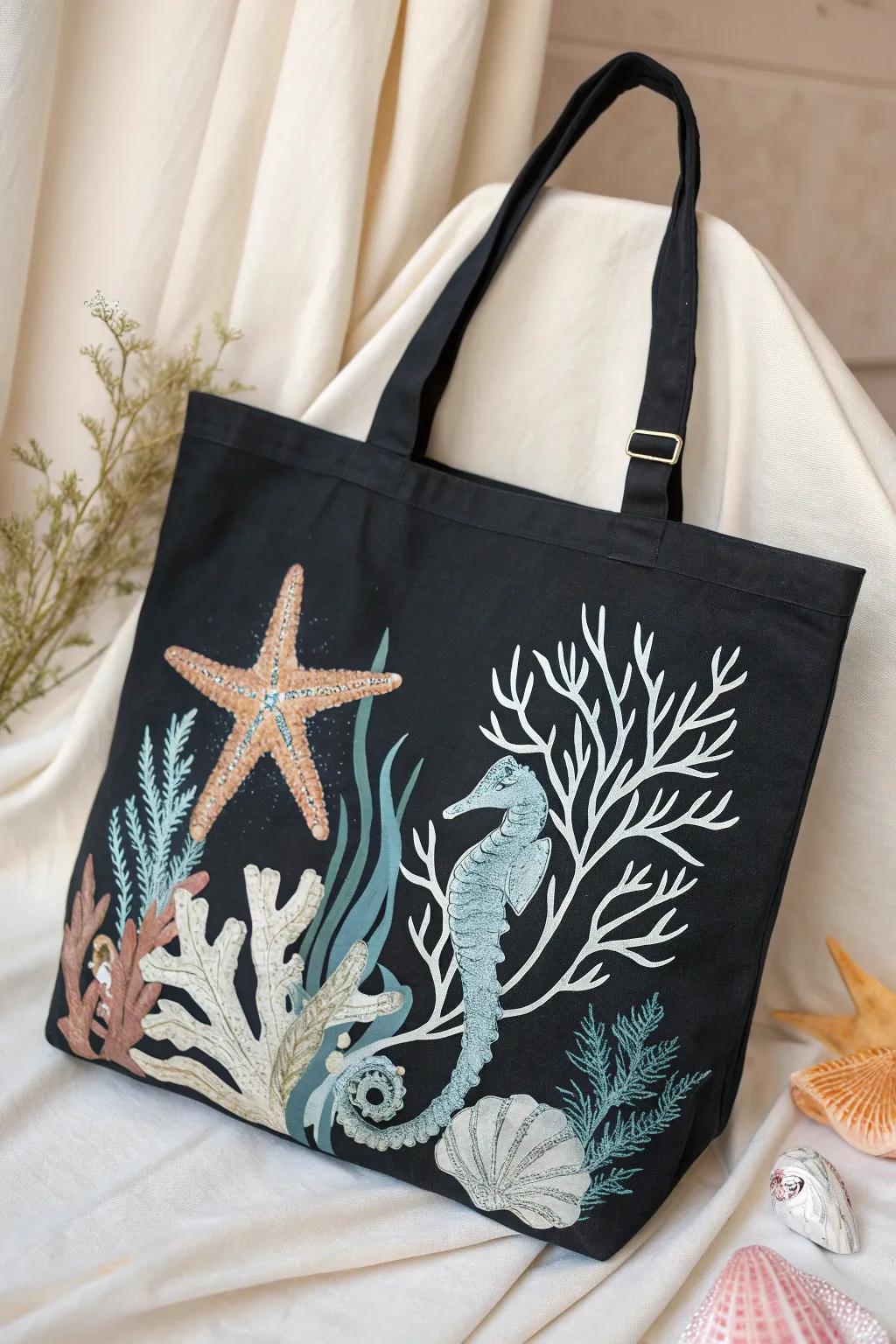 Transform your tote into an oceanic masterpiece with hand-painted sea motifs.