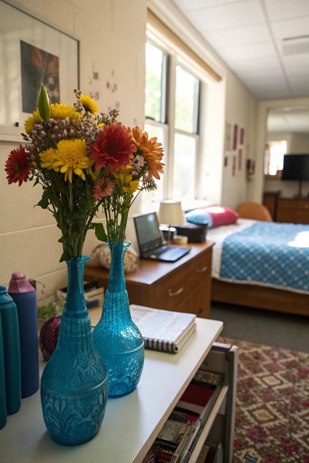 Blue vases filled with flowers add a natural touch.