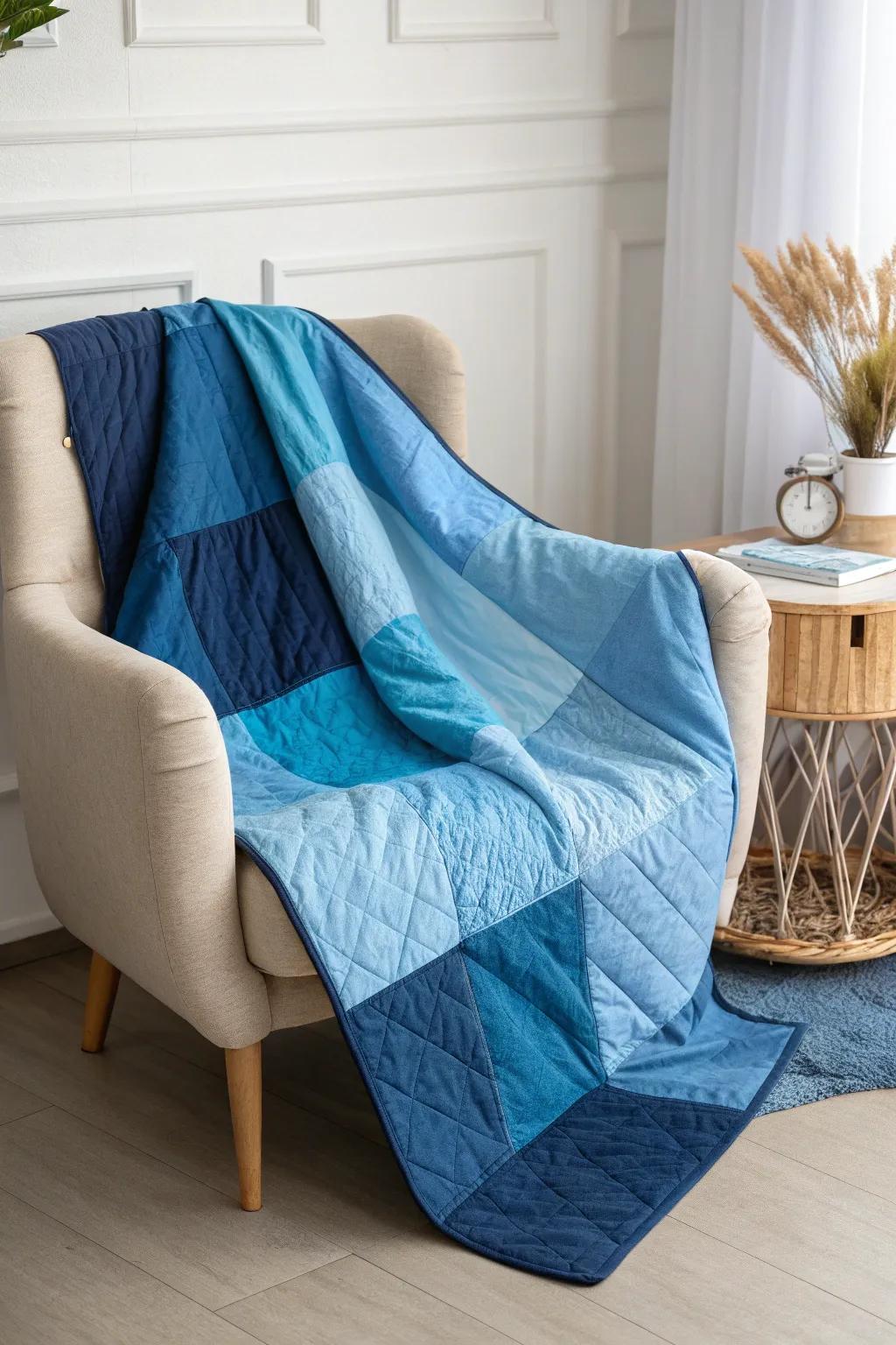 Embrace the beauty of simplicity with this minimalist blue quilt design. Perfect for a serene and stylish living space.