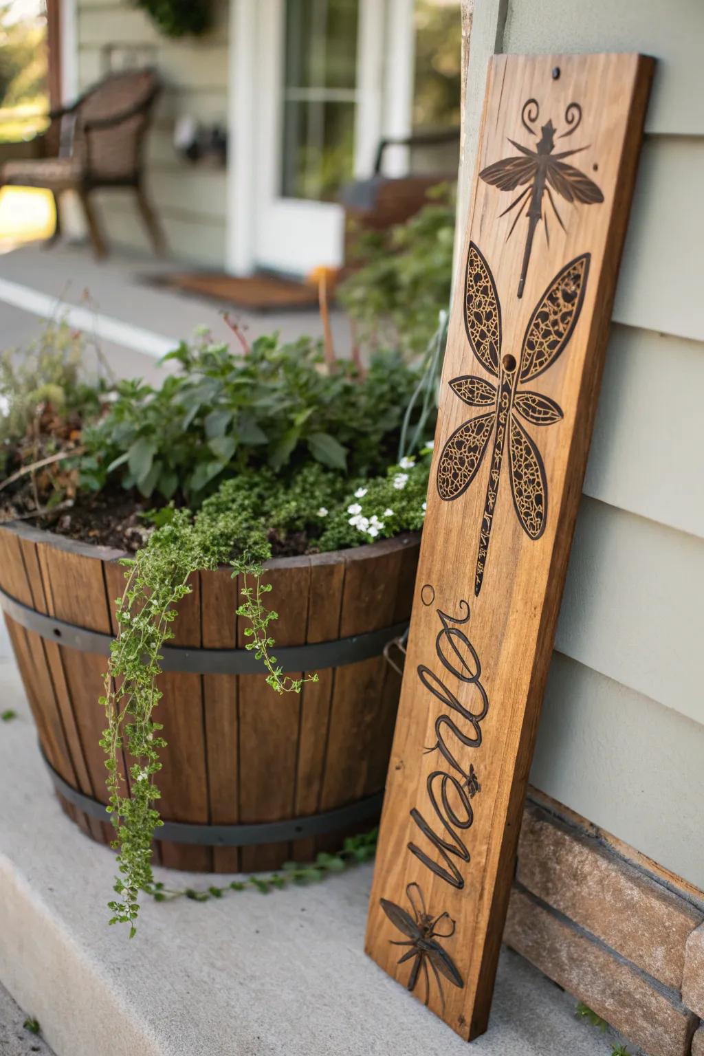 Elevate your porch with a handcrafted dragonfly sign and planter—where nature meets artistry.